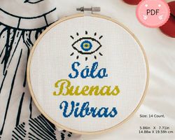 Cross Stitch Pattern,Solo Buenas Vibras,Pdf,Instant Download,Beginner Friendly,Ojo TurcoModern,Greek Eye,Spanish Quote