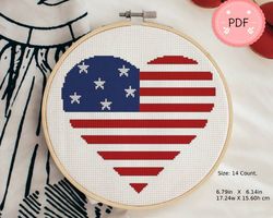 Cross Stitch Pattern,Heart Shaped AmericanFlag,Pdf,Instant Download,Patriotic,Love,Independence Day,4th Of July,USA Flag