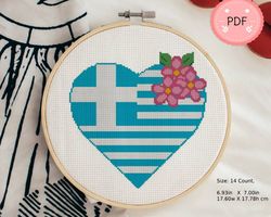 Cross Stitch Pattern,Greece Love,Heart Shaped Greek Flag,Pdf,Instant Download,Pink Flower,Beginner,Mediterrane Country