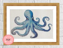 Cross Stitch Pattern,Blue Octopus ,Pdf,Instant Download,X Stitch Chart,Beach Needlework,Sea Animal,Watercolor