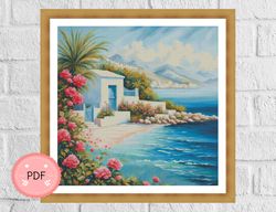 Cross Stitch Pattern,Mediterranean Coastal Village,Island House,Sea View,Pdf,Instant Download,Greece,Santorini