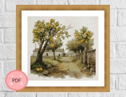 Cross Stitch Pattern,Village Road With Lemon Trees,PDF Instant Download,Lemon,Watercolor,Dirt Road,Countryside