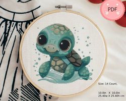Cross Stitch Pattern,Baby Sea Turtle,Pdf,Instant Download,Watercolor,Family,Sea Life,Cute Little Animal