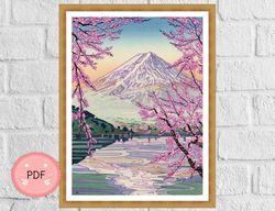 Cross Stitch Pattern,Mountain Fuji From Lake Kawaguchi,Okada Koichi,Pdf,Instant Download,Japanese Art,Ukiyo-e Style