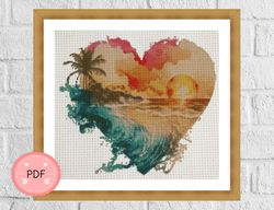 Cross Stitch Pattern,Sunset Beach Heart Shaped 2,Pdf , Instant Download,Sea, Beach Needlework , Coastal,Palm Tree