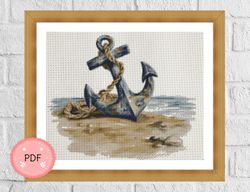 Cross Stitch Pattern,Anchor On The Beach,Blue Anchor,Nautical,Coastal,Printable Cross Stitch Chart,Maritime,Watercolor
