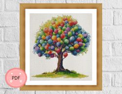 Cross Stitch Pattern,Watercolor Balloon Tree,Instant Download ,PDF, Botanical,X Stitch Chart,Colorful