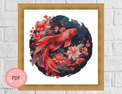Cross Stitch Pattern,Red Fish Surrounded By Red Flower, Japanese Fish, Pdf File,Asian Style