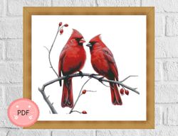Cross Stitch Pattern,Two Cardinal Birds On Branch,Pdf , Instant Download ,Animal,Watercolor,Red Bird,Winter
