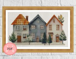 Cross Stitch Pattern,Scandinavian Houses,Cozy,PDF Instant Download,House,WinterHouse,Watercolor,European Row House