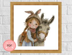 Cross Stitch Pattern,Little Girl Hugging Donkey,Pdf,Instant Download ,Animal X Stitch Chart,Watercolor,Best Friends,Cute