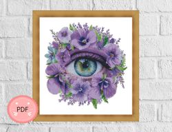 Cross Stitch Pattern,Eye surrounded by flowers,Blue Eye,Purple Flowers,Floral,Pdf, Instant Download,X Stitch Chart