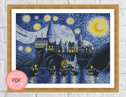 Cross Stitch Pattern, Starry Night Above Hogwarts,Harry Potter,Wizard Castle,Digital Pattern,Pdf,Instant Download