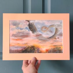 Original Dragon Watercolor Painting, Fairy Painting, Mountain Sunset landscape, Dragon Fantasy Painting