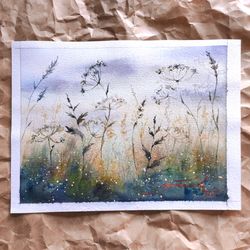 Original Flower Field Painting Summer Painting Landscape wild flowers and Herbs Drawing