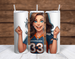 Denver Broncos Cartoon Girl brunette Cheering Sublimation tumbler wrap 300DPI 20oz -30oz straight Wrap  included