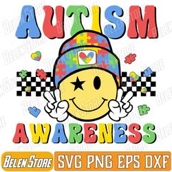 Retro Groovy Smile Autism, Flower Autism Smile Face Svg, Autism Awareness Svg, Instant Download