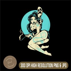 Tattooed Goth Pin-Up Girl Png, Horror Ghost Moon Rockabilly png,PNG High Quality, PNG, Digital Download