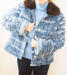 Denim jacket with mink collar Cropped denim jacket Eco denim jacket for women Fur coat eco-fur