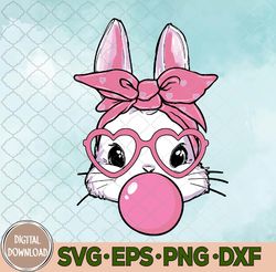 Cute Rabbit Bunny Blowing Bubble Gum Easter Day Svg, Easter Svg, Bunny With Heart Glasses Svg, Eps, Png, Dxf