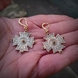 Handmade bronze cross earrings,handmade ukrainian hutsul cross earrings,dangle bronze cross earrings,ukraine jewellery
