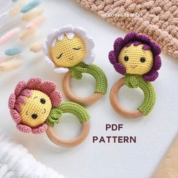Crochet pattern for babies: Daisy Flower Baby Rattles 0-6 months, Girl Boys Easy Grab 0-3 months Baby Rattle, Wood Ring