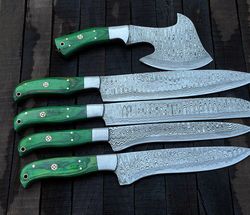 HANDMADE DAMASCUS KNIVES SET OF 5 WITH ROLL OVER BAG-KDS4 with leather sheath