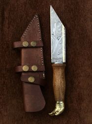 Custom Handmade Damascus Steel Crow Headed Seax Knife, Hand Forged Knife With Leather Sheath, Gift For Him, Gift for Her