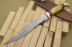 custom made damascus bowie knife with leather sheath