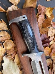 15"INCH CUSTOM HANDMADE FORGED DAMASCUS HUNTING BOWIE KNIFE FIXED BLADE DYED BONE HANDLE W/LEATHER SHEATH