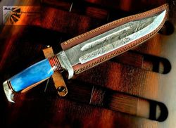 15"INCH CUSTOM HANDMADE FORGED DAMASCUS STEEL HUNTING BOWIE KNIFE FIXED BLADE DYED BONE HANDLE W/LEATHER SHEATH