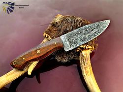 10"INCH CUSTOM HANDMADE FORGED DAMASCUS STEEL HUNTING BOWIE KNIFE FIXED BLADE DIAMOND WOOD HANDLE W/LEATHER SHEATH