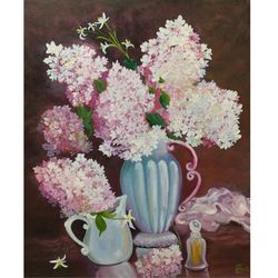 Hydrangea Painting Original Artwork White Flowers Art Still Life Flowers in Vase Painting by Raisa Pototskaya Big Art