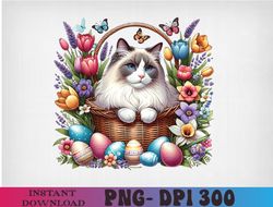Cute Ragdoll Cat surrounded by eggs and flourishing flowers, Cute Ragdoll Cat png, PNG, Sublimation Design