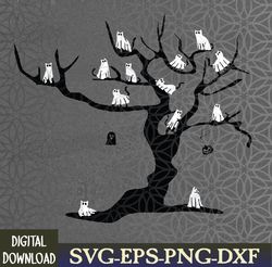 Halloween Cute Ghost Kitty Cats on a Tree Svg, Eps, Png, Dxf, Digital Download