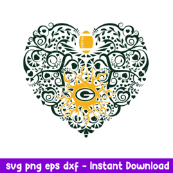 Green Bay Packers Heart Floral Svg, Green Bay Packers Svg, NFL Svg, Png Dxf Eps Digital File