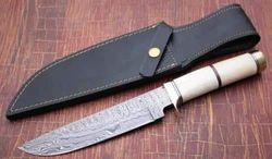 damascus steel bowie knife, hunting knife with sheath, fixed blade, camping knife, skiner knife, handmade knives,