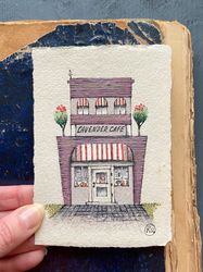 Lavender cafe artwork Original Miniature art on handmade recycled paper by Rubinova