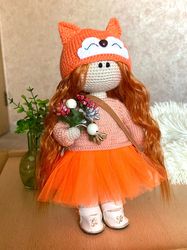 Crochet handmade doll with red hair Rag doll with set of clothes Cute ginger doll Organic safety doll for baby girl