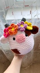 Crochet cow squishy toy Cute kawaii milk cow with flower as birthday gift for kids Cow plushie toy