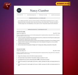 Professional easy editable resume cv template with a matching cover template for instant download