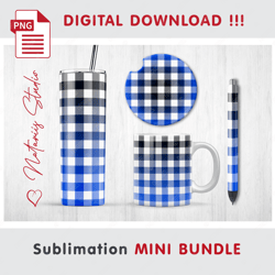 Blue Buffalo Plaid Mini BUNDLE - Sublimation designs - 20 oz Tumbler - 11 oz-15 oz Mug - Epoxy Pen - Car Coaster