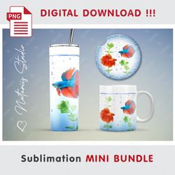Aquarium Betta Fish Mini BUNDLE - Sublimation designs - 20 oz Tumbler - 11 oz - 15 oz Mug - Car Coaster