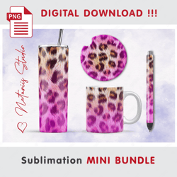 Pink Leopard Print Mini BUNDLE - Sublimation designs - 20 oz Tumbler - 11 oz-15 oz Mug - Epoxy Pen - Car Coaster