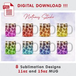 8 Rainbow Leopard Print Patterns - 11 oz 15 oz MUG - Sublimation Mug Wrap.