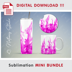 Pink Realistic Fire on white Mini BUNDLE - Sublimation designs - 20 oz Tumbler - 11 oz-15 oz Mug - Car Coaster