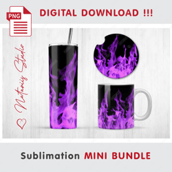 Purple Realistic Fire on black Mini BUNDLE - Sublimation designs - 20 oz Tumbler - 11 oz-15 oz Mug - Car Coaster