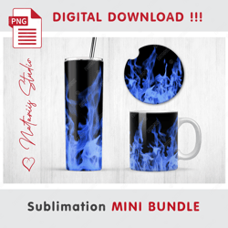 Blue Realistic Fire on black Mini BUNDLE - Sublimation designs - 20 oz Tumbler - 11 oz-15 oz Mug - Car Coaster