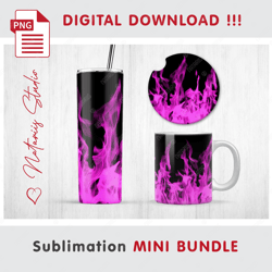 Pink Realistic Fire on black Mini BUNDLE - Sublimation designs - 20 oz Tumbler - 11 oz-15 oz Mug - Car Coaster