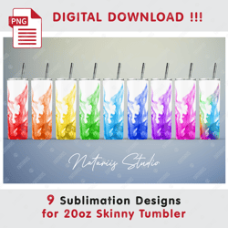 9 Rainbow Fire on white Patterns - Seamless Sublimation designs - 20 oz SKINNY TUMBLER - Full Wrap
